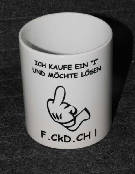 Weiße Tasse mit Spruch  "ICH KAUFE UND MÖCHTE LÖSEN "F_CK D_CH" "